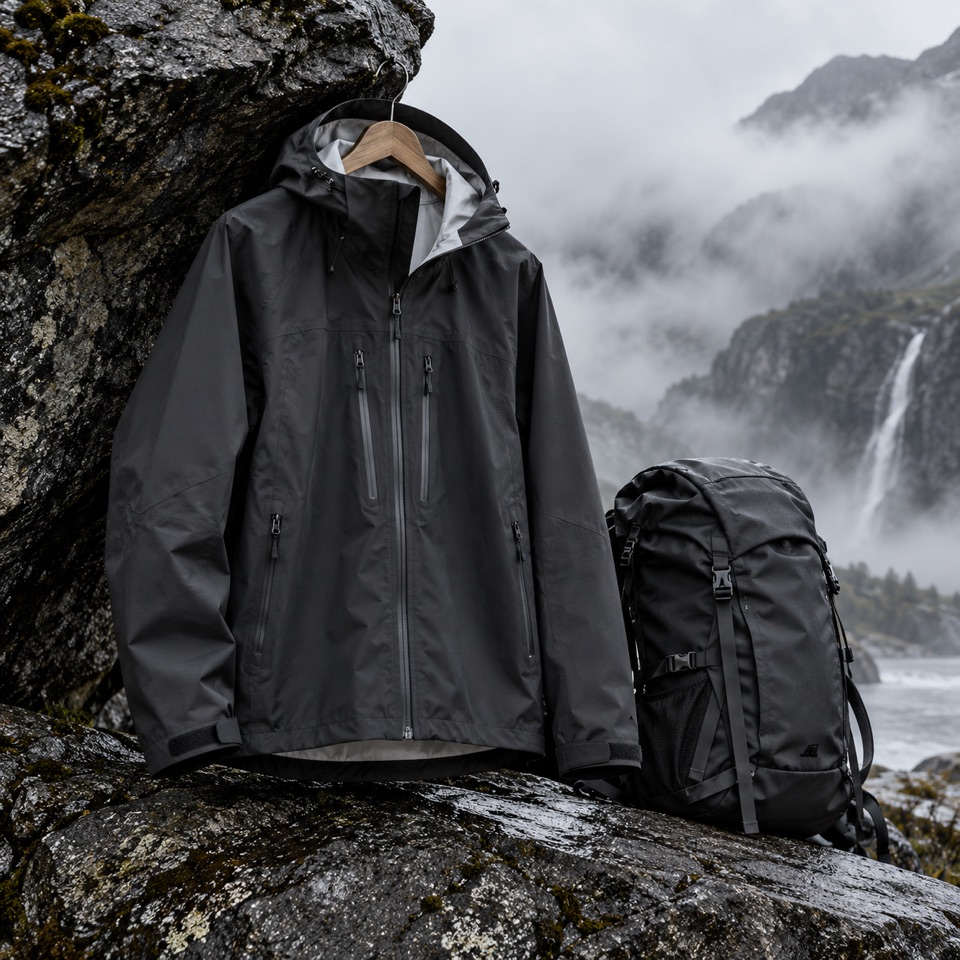 Veste technique et sac de randonnée sans marque